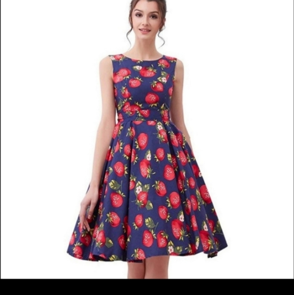 Miss Lulo Strawberry Print Retro Pin Up Fit & Flare Dress SIze Med